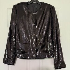 Theory Black Sequin Satin Collarless Jacket